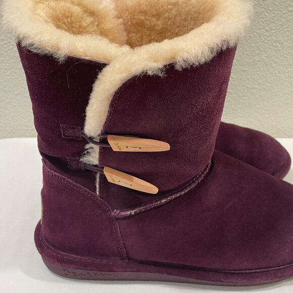 BEARPAW Abigail Mid-Calf Boot Suede Wool & Sheepskin Button Purple Women Size 10 - Picture 3 of 13